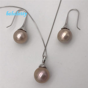 New AA12-13 mm real natural  purple south sea pearl Tibetan silver earrings Pendant necklace set