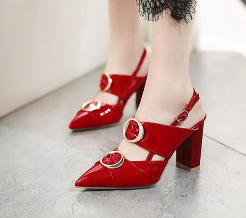 Patent Leather Slingbacks Pointed Toe Women Pumps Square High Heel Sandals Buckle Strap Wedding Shoes Women Shoes Yellow MAZIAO