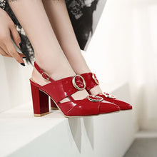 Load image into Gallery viewer, Patent Leather Slingbacks Pointed Toe Women Pumps Square High Heel Sandals Buckle Strap Wedding Shoes Women Shoes Yellow MAZIAO