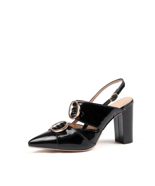Patent Leather Slingbacks Pointed Toe Women Pumps Square High Heel Sandals Buckle Strap Wedding Shoes Women Shoes Yellow MAZIAO