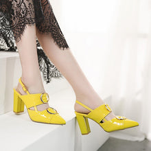 Load image into Gallery viewer, Patent Leather Slingbacks Pointed Toe Women Pumps Square High Heel Sandals Buckle Strap Wedding Shoes Women Shoes Yellow MAZIAO