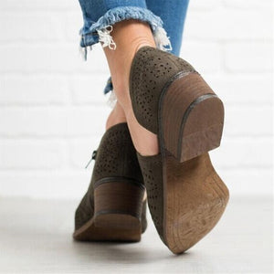 Fretwork Shoes Women Spring Autumn Low Chunky Heel Pointed Toe Side Zip Pumps Short Ankle Sandals Hollow Out Retro Shoes