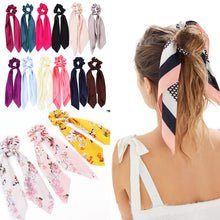 Load image into Gallery viewer, DIY Solid/Floral Print Bow Satin Long Ribbon Ponytail Scarf Hair Tie Scrunchies Women Girls Elastic Hair Bands Hair Accessories