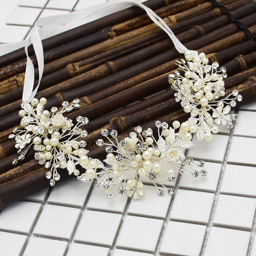 Fashion Ribbon Copper Wire Crystal Pearl Handmade Wedding Hair Accessory