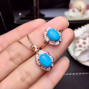 Fashion blue turquoise ring and necklace  jewelry set for women 925 sterling silver oval gem girl birthday gift blue color