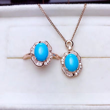 Load image into Gallery viewer, Fashion blue turquoise ring and necklace  jewelry set for women 925 sterling silver oval gem girl birthday gift blue color