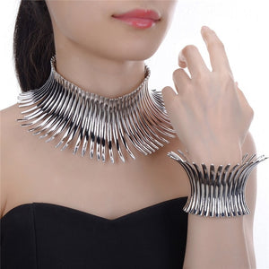 Fashion Unique Jewelry Sparkling Silver/Golden Chunky Choker Noble Toques Statement Bib Necklace Bracelet Jewelry Sets