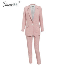 Load image into Gallery viewer, Simplee Casual women pink plaid blazer Autumn single breasted long sleeve female office pants blazer suits Winter ladies outwear