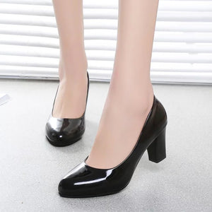 women Pumps autumn thick heel dress shoes pu Leather women female Round Toe Slip-On high heels Party Wedding shoes mujer #116