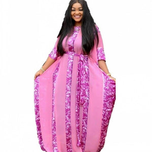 African Dresses For Women Dashiki Snake Pink African Clothes Bazin Broder Riche Sexy Slim Ruffle Sleeve Robe Evening Long Dress