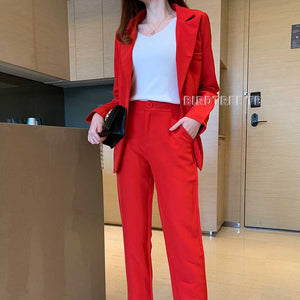 Women's Pants Suit Office Lady Two Pieces Sets Solid Red Elegant Single Breasted Blazers And Full Length Trousers Sales S96404Z