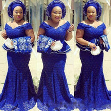 Load image into Gallery viewer, Royal Blue Lace Plus Size Evening Dresses Off The Shoulder South Africa Formal Dress Long Mermaid Prom Gowns Aso Ebi Custom Made