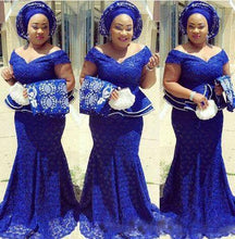 Load image into Gallery viewer, Royal Blue Lace Plus Size Evening Dresses Off The Shoulder South Africa Formal Dress Long Mermaid Prom Gowns Aso Ebi Custom Made