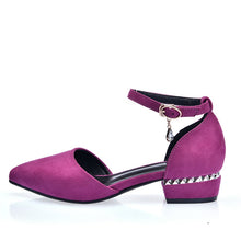 Load image into Gallery viewer, Summer Women Pumps 3cm Low Block Heels Suede Pointed Toe Purple Grey Office Party Crystal Ankle Strap D&#39;Orsay Hollow Lady Shoes