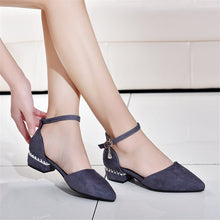Load image into Gallery viewer, Summer Women Pumps 3cm Low Block Heels Suede Pointed Toe Purple Grey Office Party Crystal Ankle Strap D&#39;Orsay Hollow Lady Shoes