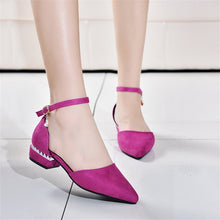 Load image into Gallery viewer, Summer Women Pumps 3cm Low Block Heels Suede Pointed Toe Purple Grey Office Party Crystal Ankle Strap D&#39;Orsay Hollow Lady Shoes