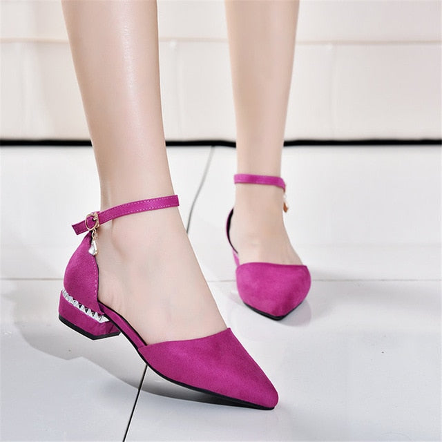 Summer Women Pumps 3cm Low Block Heels Suede Pointed Toe Purple Grey Office Party Crystal Ankle Strap D'Orsay Hollow Lady Shoes