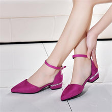 Load image into Gallery viewer, Summer Women Pumps 3cm Low Block Heels Suede Pointed Toe Purple Grey Office Party Crystal Ankle Strap D&#39;Orsay Hollow Lady Shoes