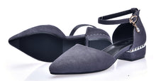 Load image into Gallery viewer, Summer Women Pumps 3cm Low Block Heels Suede Pointed Toe Purple Grey Office Party Crystal Ankle Strap D&#39;Orsay Hollow Lady Shoes