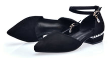 Load image into Gallery viewer, Summer Women Pumps 3cm Low Block Heels Suede Pointed Toe Purple Grey Office Party Crystal Ankle Strap D&#39;Orsay Hollow Lady Shoes