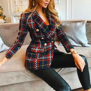 Red Plaid Blazer 2020 Women Spring-Autumn Vintage Tweed Suits Jackets Office Ladies Chic Slim Blazers Girls Tassel Tops Set Coat