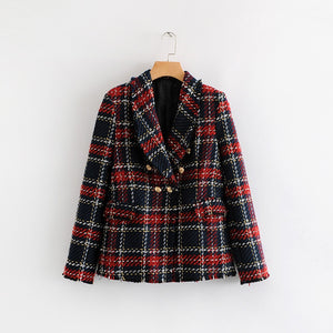 Red Plaid Blazer 2020 Women Spring-Autumn Vintage Tweed Suits Jackets Office Ladies Chic Slim Blazers Girls Tassel Tops Set Coat