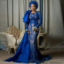 Load image into Gallery viewer, Nigerian Woman Dress Blue vestido de festa longo Full Sleeves Evening Dresses Long Lace Abendkleider Evening Gown robe de soiree