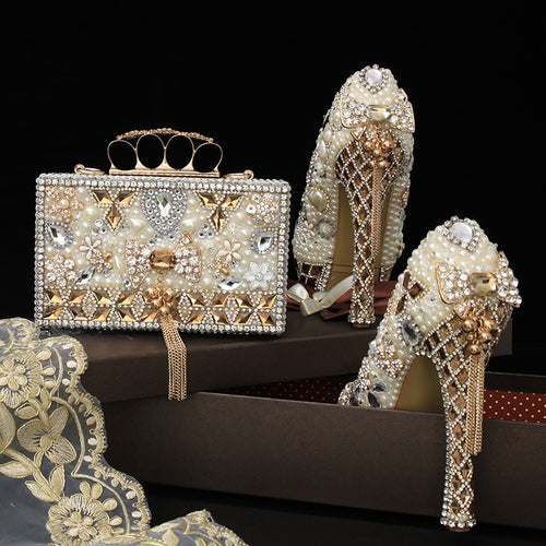 Luxury Beige Pearl Wedding shoes with matching bags 14cm high heels Platform shoes woman Party Dress shoes and bag set