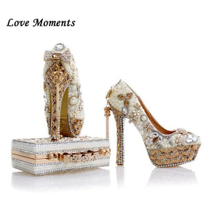 Luxury Beige Pearl Wedding shoes with matching bags 14cm high heels Platform shoes woman Party Dress shoes and bag set