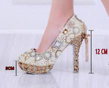 Load image into Gallery viewer, Luxury Beige Pearl Wedding shoes with matching bags 14cm high heels Platform shoes woman Party Dress shoes and bag set