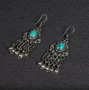 Old Handmade Nepalese 925 Silver Turquosie Necklace Earrings Vintage 925 Sterling Bohemia Women Jewelry Necklace Earrings Set