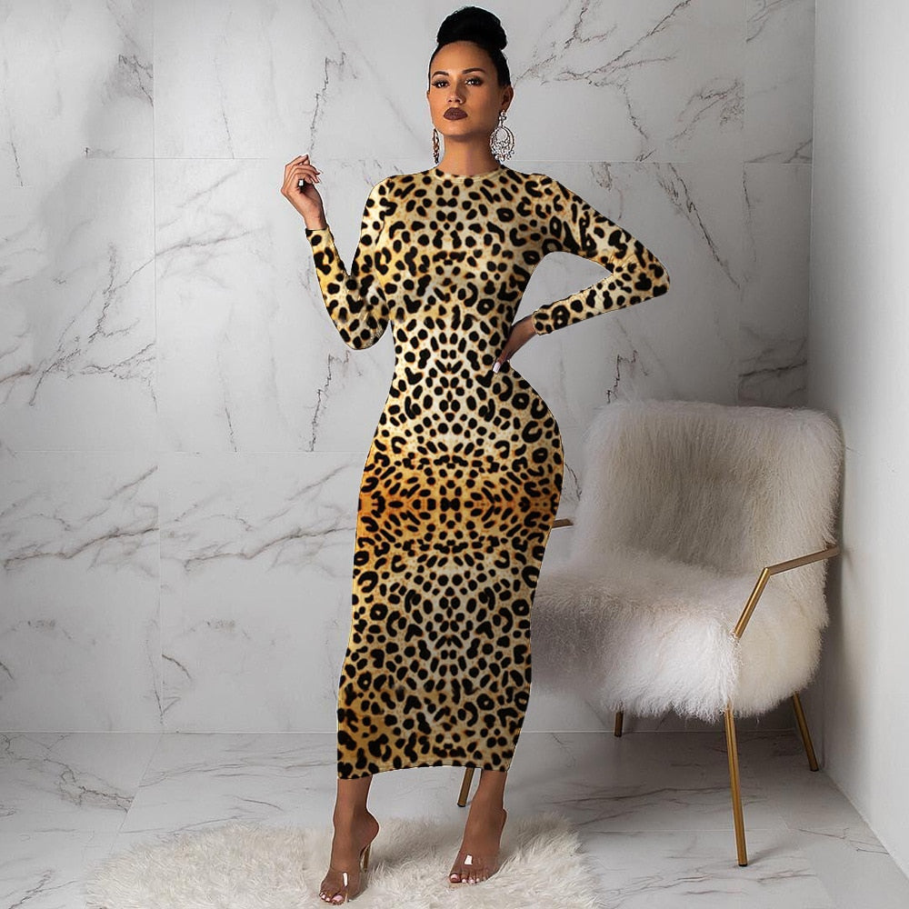 Women Leopard Long Sleeve Dress Evening Party Dresses  Autumn Winter Bodycon Ankle-Length Slim Elegant High Waist  Plus Size