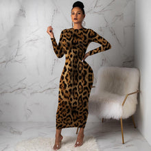 Load image into Gallery viewer, Women Leopard Long Sleeve Dress Evening Party Dresses  Autumn Winter Bodycon Ankle-Length Slim Elegant High Waist  Plus Size