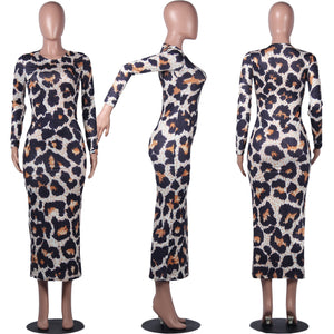 Women Leopard Long Sleeve Dress Evening Party Dresses  Autumn Winter Bodycon Ankle-Length Slim Elegant High Waist  Plus Size