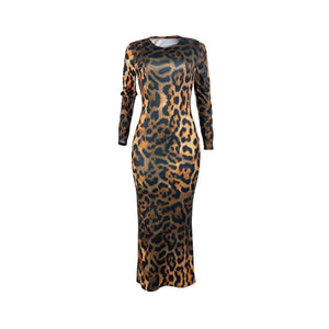 Women Leopard Long Sleeve Dress Evening Party Dresses  Autumn Winter Bodycon Ankle-Length Slim Elegant High Waist  Plus Size