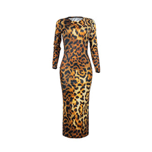 Women Leopard Long Sleeve Dress Evening Party Dresses  Autumn Winter Bodycon Ankle-Length Slim Elegant High Waist  Plus Size