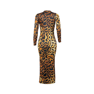 Women Leopard Long Sleeve Dress Evening Party Dresses  Autumn Winter Bodycon Ankle-Length Slim Elegant High Waist  Plus Size