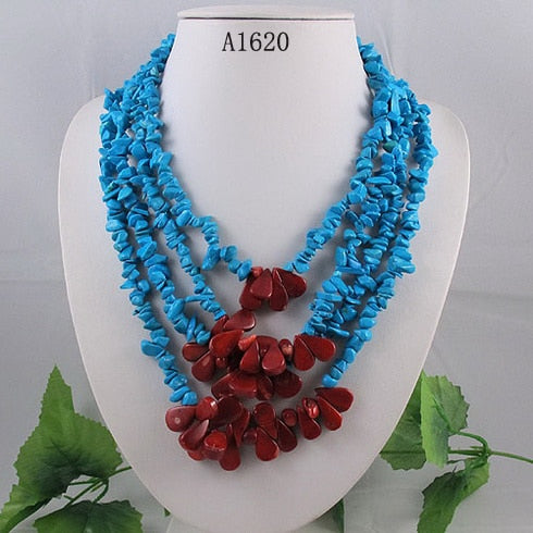 Unique Pearls jewellery Store,4rows Blue Turquoises Red Corals Necklace,Charming Women Gift Jewelry