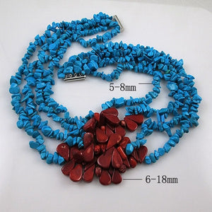 Unique Pearls jewellery Store,4rows Blue Turquoises Red Corals Necklace,Charming Women Gift Jewelry