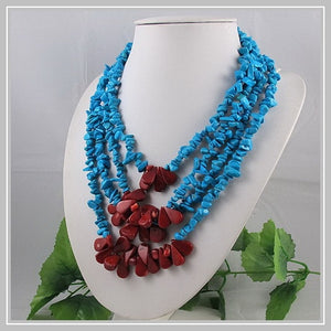 Unique Pearls jewellery Store,4rows Blue Turquoises Red Corals Necklace,Charming Women Gift Jewelry