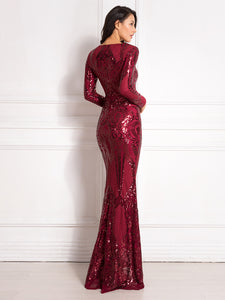 Burgundy Long Sleeve Sequined Maxi Dress Bodycon O Neck Full Length Stretchy Autumn Winter Long Evening Party Dress Black Gold