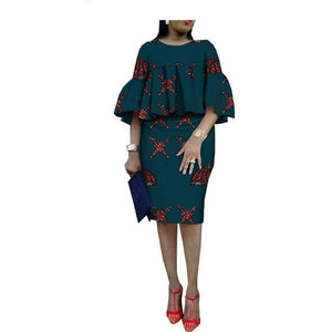 African ankara print skirt set for women AFRIPRIDE three quarter flare sleeves o-neck top+knee-length pencil skirt set A1826014