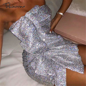 Tobinoone ruffle sequin dress sexy short bodycon Women off shoulder mini dress elegant Female fashion party club dress vestidos