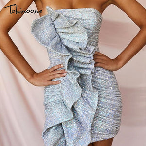 Tobinoone ruffle sequin dress sexy short bodycon Women off shoulder mini dress elegant Female fashion party club dress vestidos