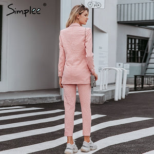 Simplee Casual women pink plaid blazer Autumn single breasted long sleeve female office pants blazer suits Winter ladies outwear