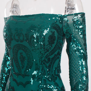 Full Sleeved Elegant Emerald Green Sequined Maxi Dress Padded Long Floor Length Off The Shoulder Slash Neck Dress