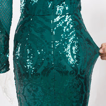 Load image into Gallery viewer, Full Sleeved Elegant Emerald Green Sequined Maxi Dress Padded Long Floor Length Off The Shoulder Slash Neck Dress