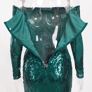 Full Sleeved Elegant Emerald Green Sequined Maxi Dress Padded Long Floor Length Off The Shoulder Slash Neck Dress