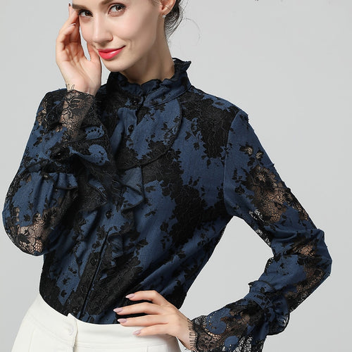 Ladies Blouses Lace Ruffles Tops Stand Collar Flare Long Sleeve Hollow Out Floral Plus Size Elegant Spring Autumn Women Clothing