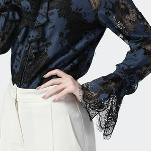 Ladies Blouses Lace Ruffles Tops Stand Collar Flare Long Sleeve Hollow Out Floral Plus Size Elegant Spring Autumn Women Clothing